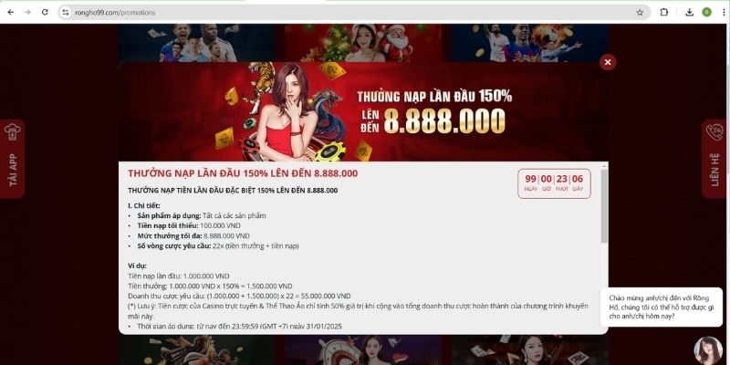 Thưởng nạp đầu lên đến 100% hỗ trợ thêm vốn cá cược